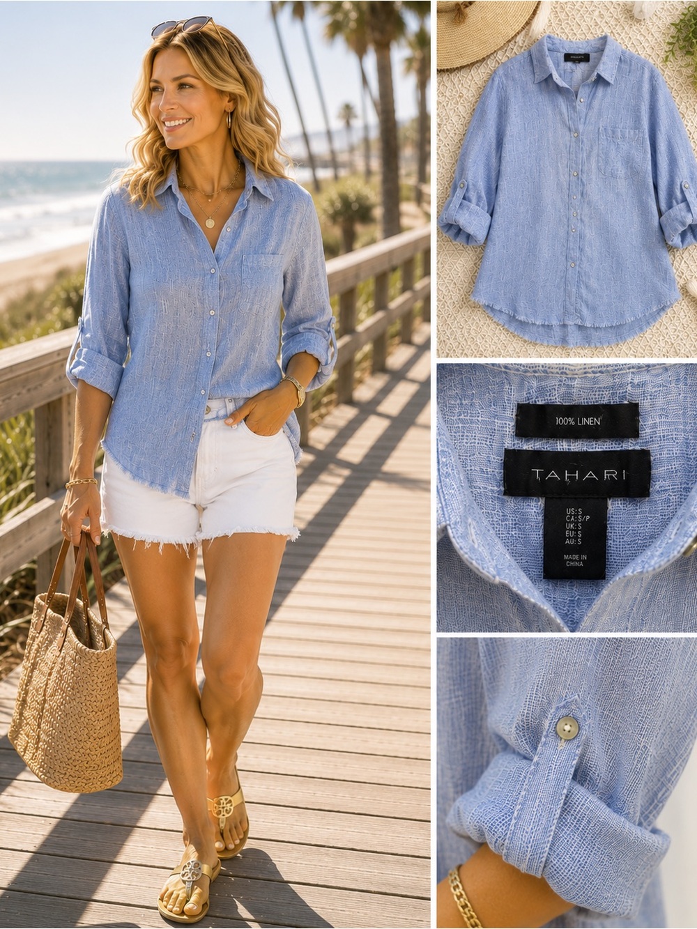 Tahari 100% Linen Button Front Shirt Blue Chambra Roll Tab Sleeve Size Small